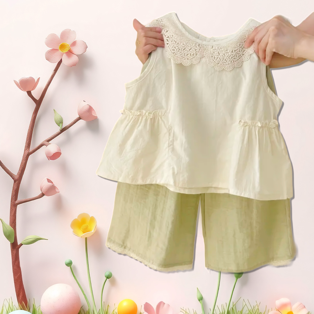 Beige & pastel green girls top & pant set