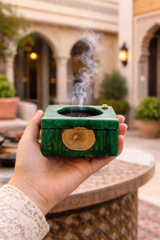 Square Travel size Resin & Wood Handmade Mubkhar (Green)
