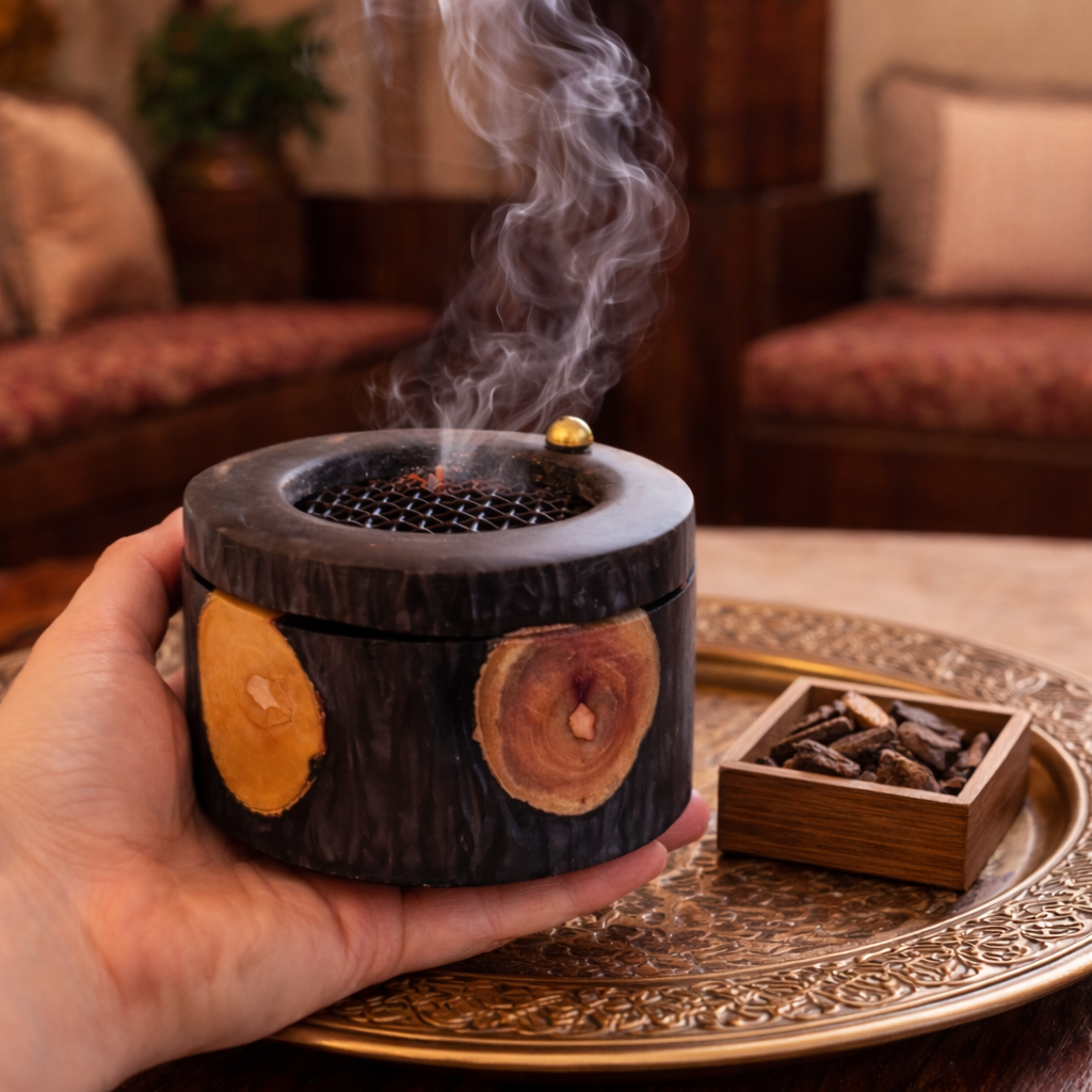 مبخر دائري مصنوع يدويًا من الراتنج والخشب (أسود) بحجم مناسب للسفر