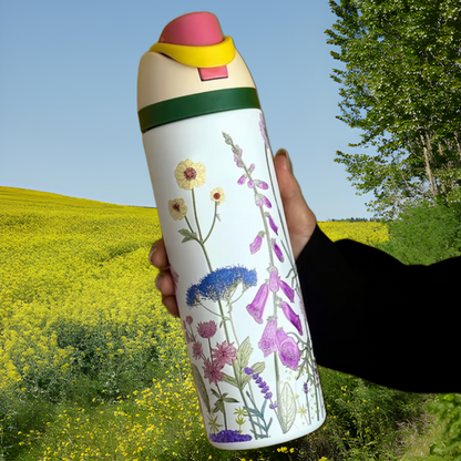 زجاجة بمقبض ملون مزينة بأزهار بنفسجية