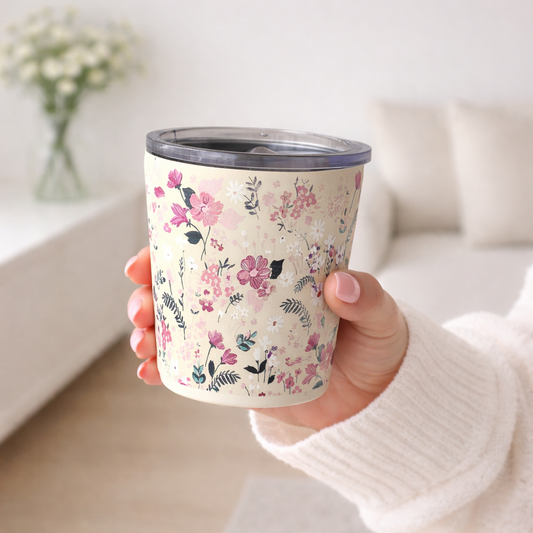 كوب قهوة مزين بأزهار برية وردية