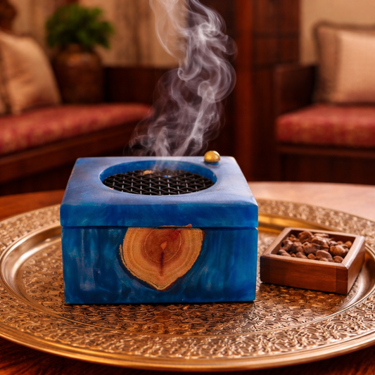 Square Travel size Resin & Wood Handmade Mubkhar (BLUE)