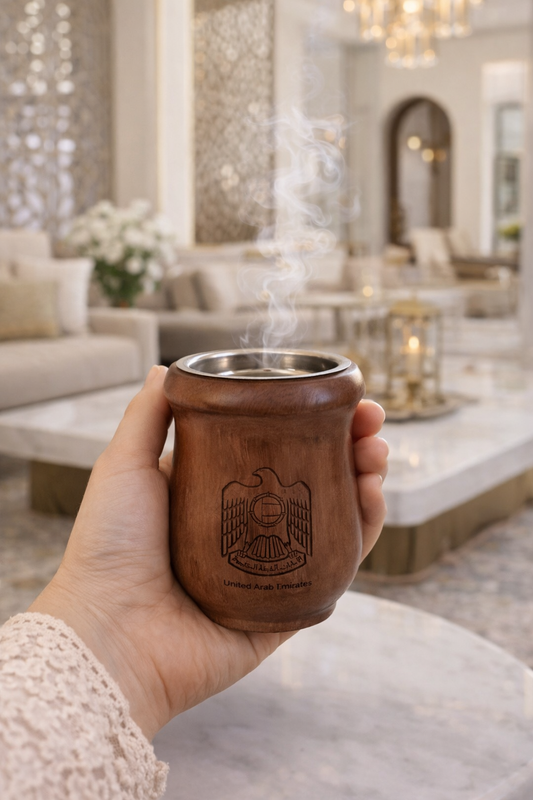 مبخر خشبي صغير مصنوع يدويًا بشعار الإمارات العربية المتحدة