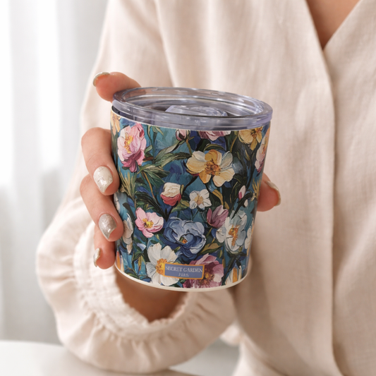 كوب قهوة مزين بزهور مائية